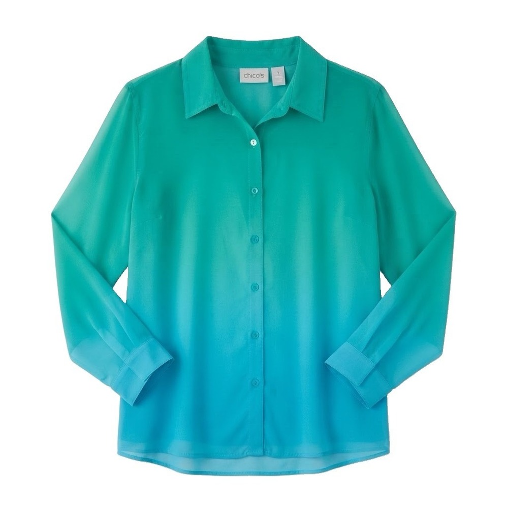 Chico's Women's Size 3 Sheer Green To Blue Ombré Button Up Long Sleeve Blouse